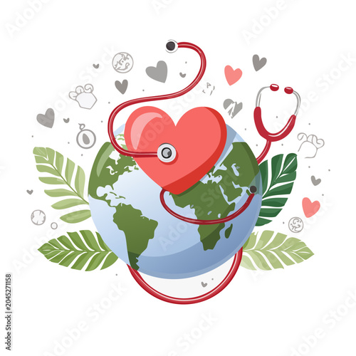 Global Health and Healthcare Concept with Earth, Heart, and