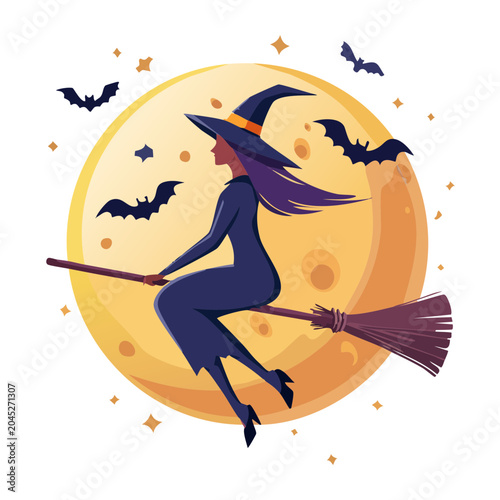 Witch flying on broomstick in front of moon with bats