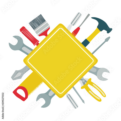 Tools arranged around a blank yellow sign