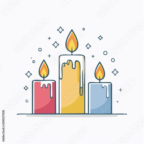 Three lit candles with colorful wax and sparkling elements