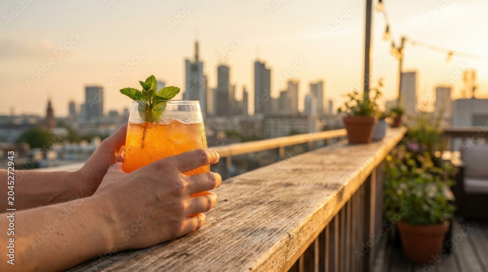Fototapeta premium Person holding orange cocktail glass on rooftop terrace at sunset with city skyline background, urban lifestyle concept for summer happy hour and evening relaxation