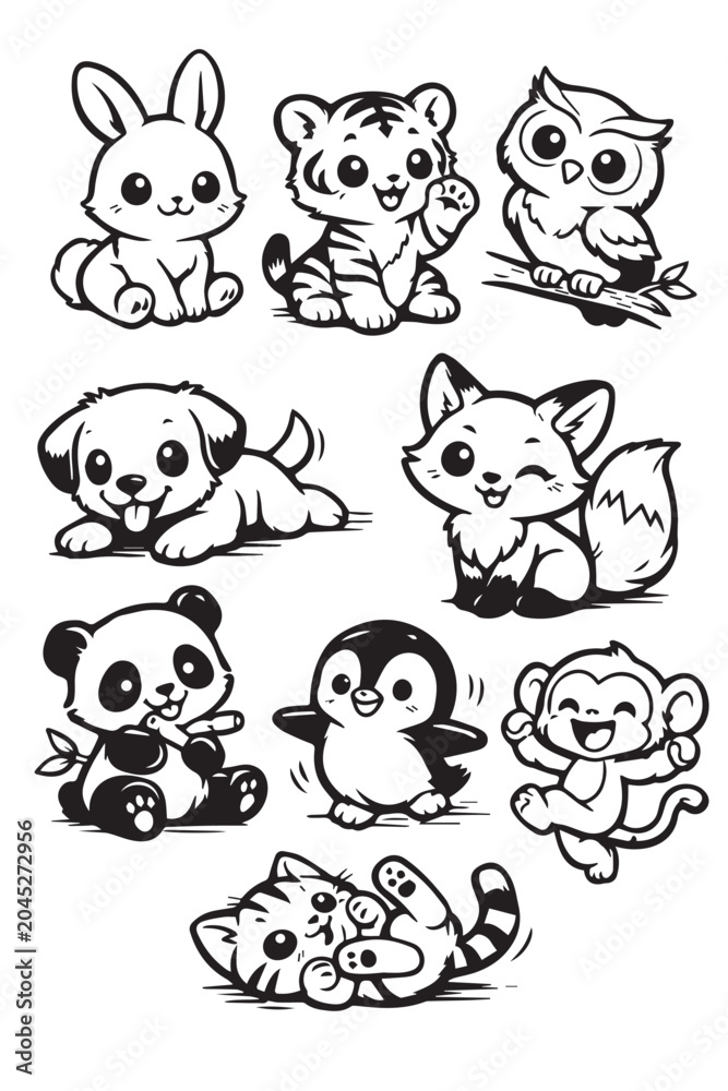 Fototapeta premium Cute vector art featuring baby animals including puppy, cat, monkey, panda, owl, penguin, and fox, designed in playful style for kids, pets, and fun character themes.