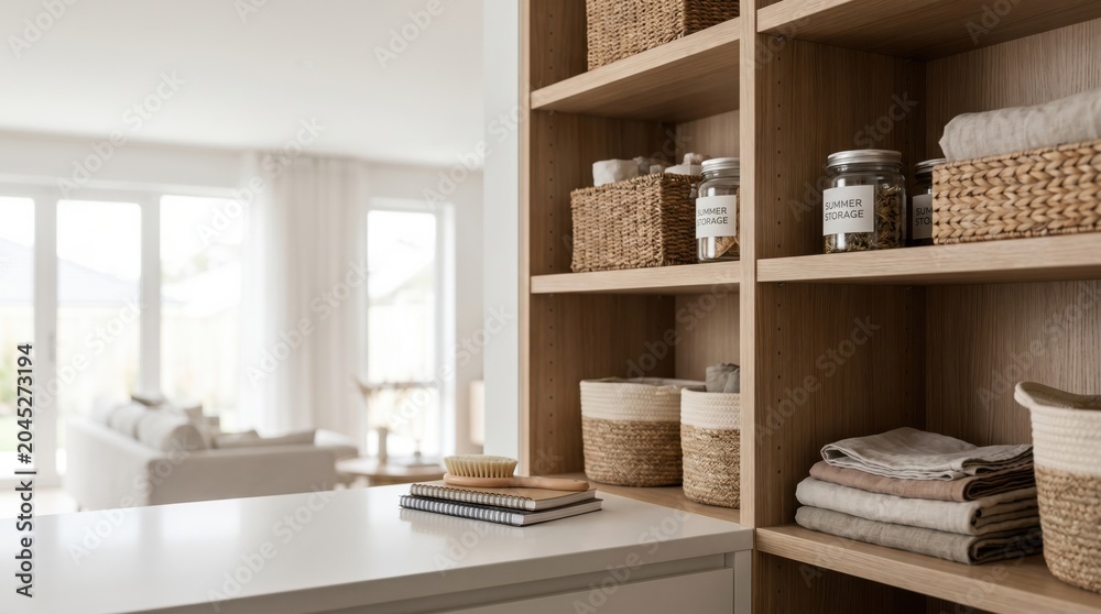 Fototapeta premium Modern Home Pantry Organization with Woven Baskets and Glass Jars on Wooden Shelves for Minimalist Kitchen Storage and Decluttering Concept