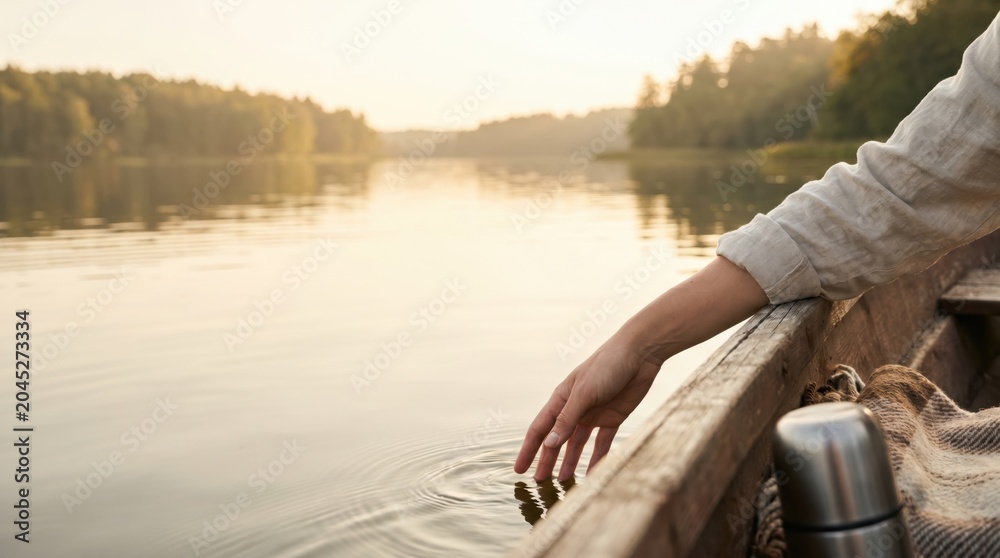 Fototapeta premium Young woman hand touching calm lake water from wooden boat at sunset, peaceful nature connection, mindfulness and travel concept, serene outdoor lifestyle photography