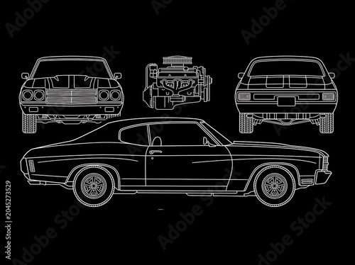 Classic muscle car chevy vector technical line art drawing