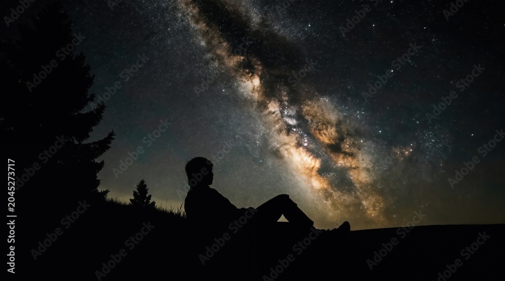 Obraz premium Silhouette person lies on grass hill observing colorful milky way galaxy. Person looks at night sky with countless stars above dark trees and forest.