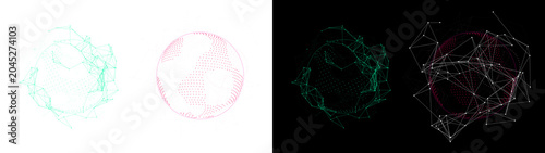 PNG image of Abstract digital globes featuring complex geometric nodes and connected lines rendered in vibrant neon colors floating on transparent background