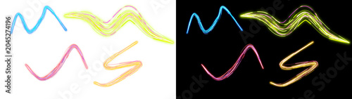 PNG image of Vibrant neon light wave strokes depicting abstract energy motion in multiple glowing colors set against a solid on transparent background