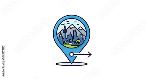 Dynamic Location Pin Icon with Cityscape and Directional Arrow, Representing Urban Travel, Seamless Navigation, and Finding Your Next Adventure Destination