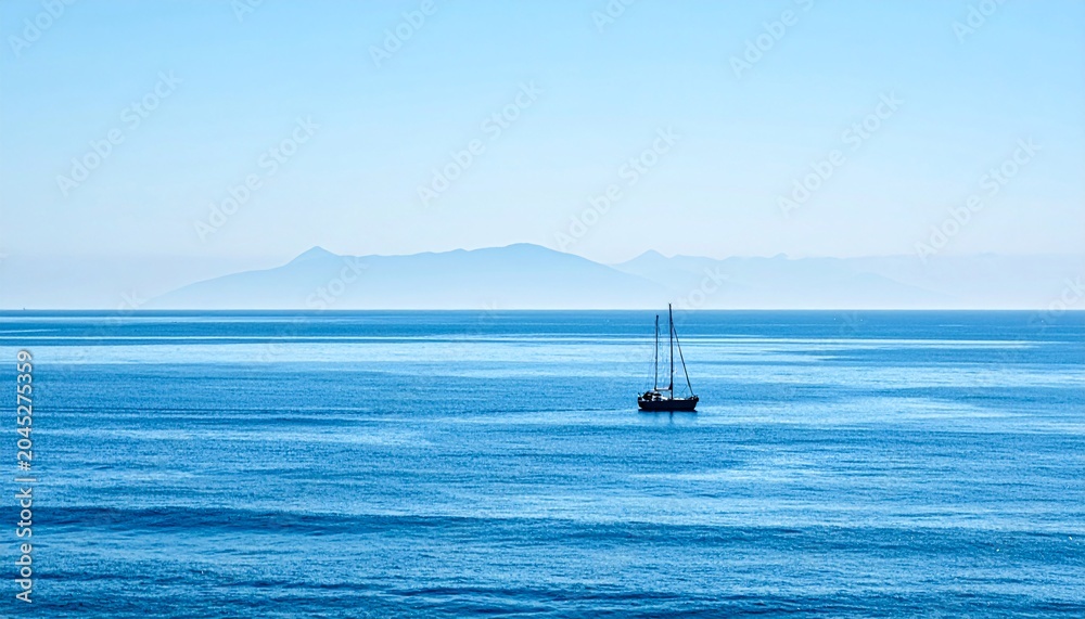 Obraz premium Sailboat Floating on Calm Blue Ocean under Clear Blue Sky with Distant Mountains