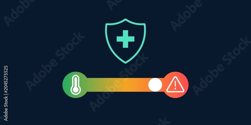 Mobile interface with risk level slider from safe to alert. Symptom check and health assessment concept scene. Digital monitoring technology graphic. 