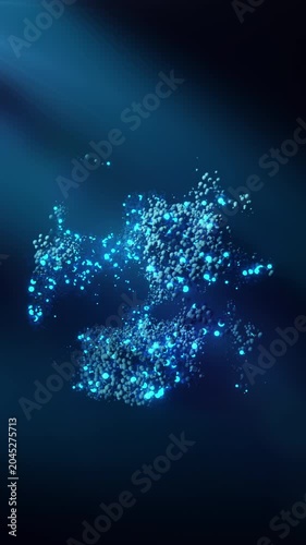 3D Elegant Deep Blue Nebula Dust and Bio-luminescent Particles Flowing in Slow Motion, Science Innovation and Quantum Physics Cinematic Animation. Vertical.