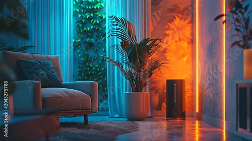 Vibrant living space with neon accents, plants, and cozy armchair under colorful ambient light