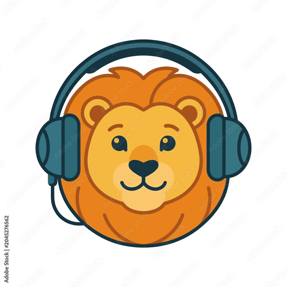 Obraz premium Cute Lion Head Wearing Headphones, Cartoon Style