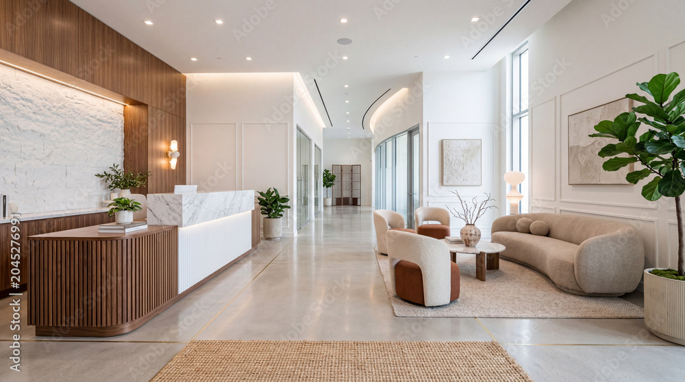 Fototapeta premium Welcoming entrance view looking into a spotless modern facility emphasizing cleanliness and professional interior design