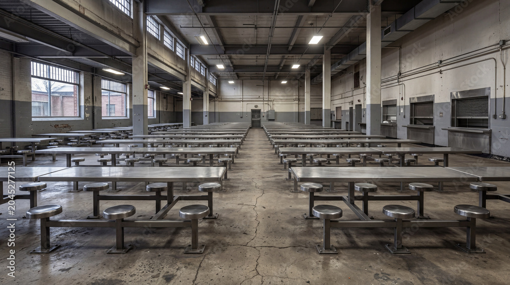 Obraz premium Large expansive empty prison mess hall dining room featuring heavy bolted down stainless steel tables