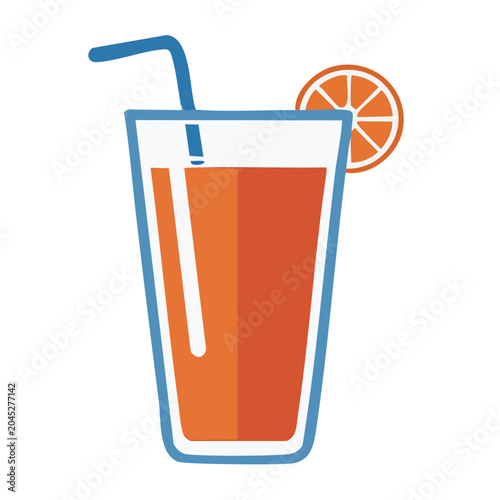 Flat design glass of orange juice with straw and orange slice