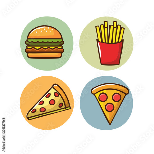 Flat design icons of burger, french fries, and pizza slices