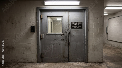 Secure entrance to prison medical clinic featuring heavy security metal door with small window bars