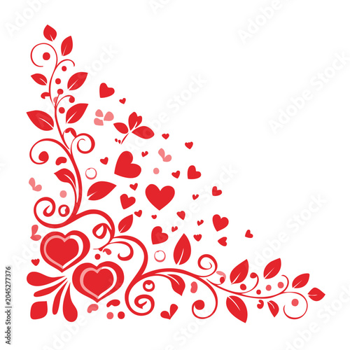 Red hearts and floral swirls decorative corner accent