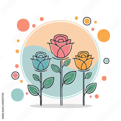 Three colorful roses in flat design style