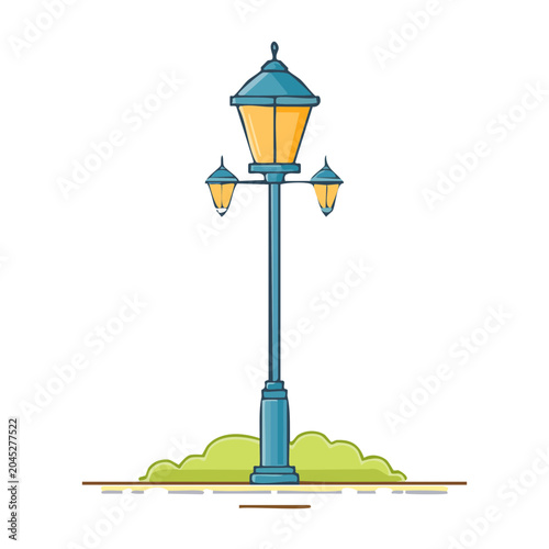 Vintage street lamp with three lights on a white background