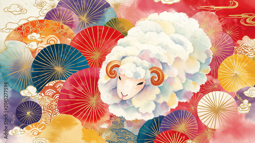 2027年の干支年賀状を華やかに演出する和風イラスト。寄り添う羊と花柄、和柄、手描き風のふんわりとした表現を生かした、迎春、賀正、正月、新年、年賀はがき、背景、装飾、テンプレート、挿絵、表紙、広告、ポスター、グリーティングカード、和モダン、祝賀イメージ向けの使いやすい新春素材。新年の祝意を伝える一枚。年賀の定番モチーフとして便利。新年の挨拶や贈り物にも映える意匠。新年の挨拶や贈り物にも映える意匠。