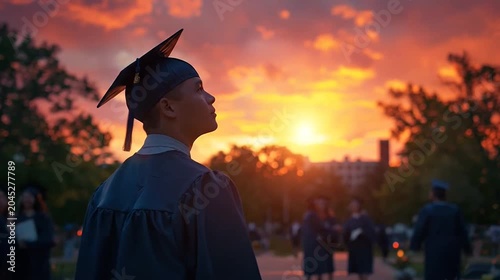 Graduate in cap and gown, back to camera, watching a vivid orange and red sunset
