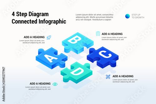 4 Step Diagram Connected Business Infographic, 3D Four jigsaw puzzle pieces teamwork concept