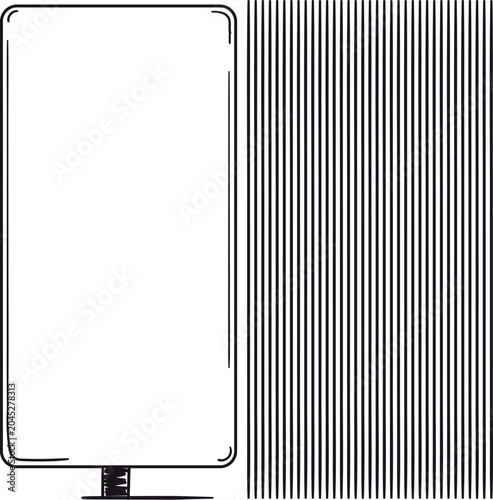 On one side there is a dense striped area, on the other side there is a screen or a sign on a stand.