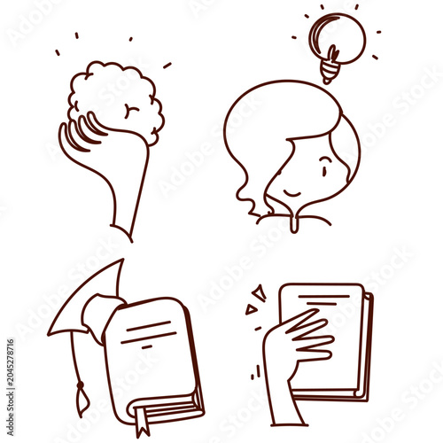 Hand drawn doodle illustration set featuring education, learning, and brainstorming concepts. for school, e-learning, smart ideas, and cognitive psychology.