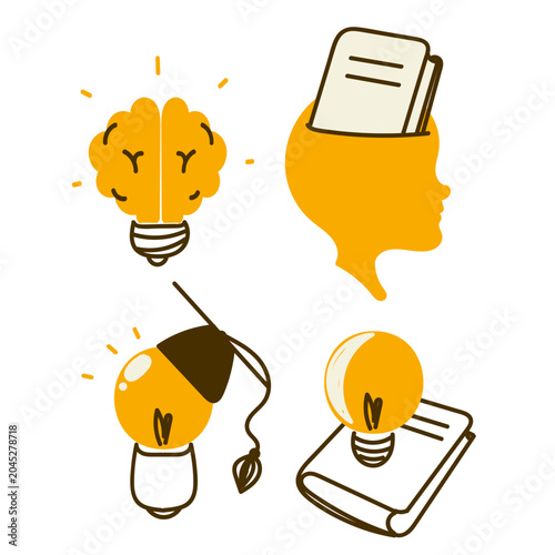 Hand drawn doodle illustration set featuring education, learning, and brainstorming concepts. for school, e-learning, smart ideas, and cognitive psychology.