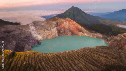 Aerial view of Kawah Ijen acid crater lake. Indonesia attractions.