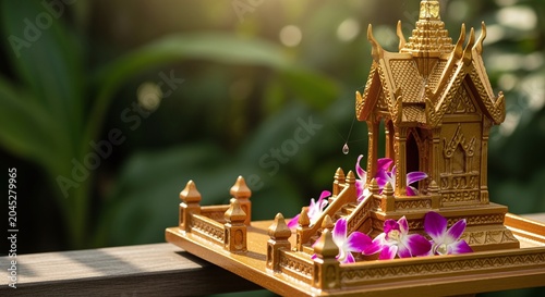 Golden spirit house adorned with vibrant orchids in lush tropical greenery