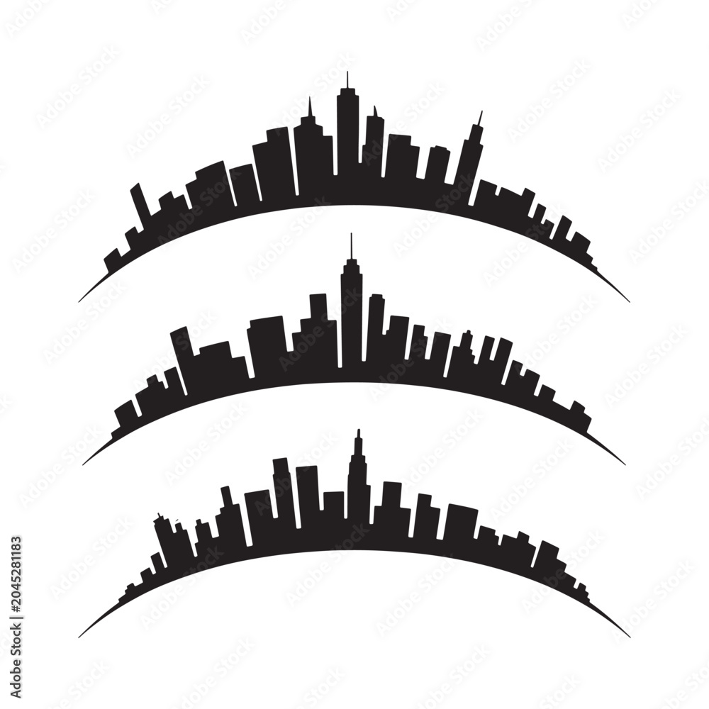 Fototapeta premium Cityscape silhouettes arranged in curved lines on a white background