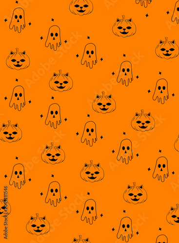 Cute Halloween Ghosts and Pumpkins Pattern on orange Background