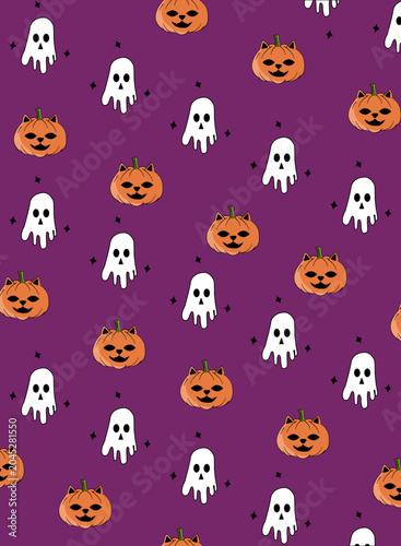 Cute Halloween Ghosts and Pumpkins Pattern on White Background