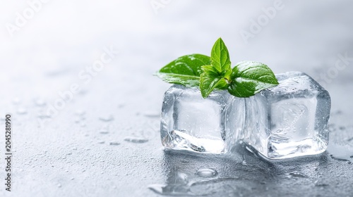 Ice cubes with fresh mint leaf on light grey surface