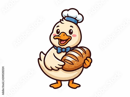 Cute cartoon duck chef holding a fresh loaf of bread 1.