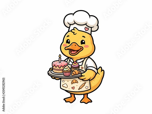 Cute cartoon duck chef holding a tray of cakes and cupcakes.
