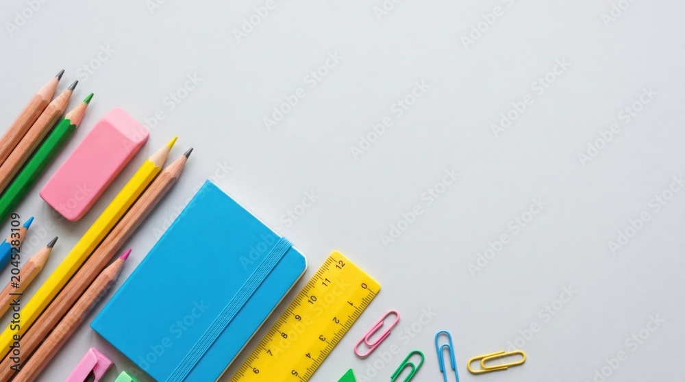 Fototapeta premium Flat Lay of School Supplies and Stationery for Back to School Education Concept with Copy Space