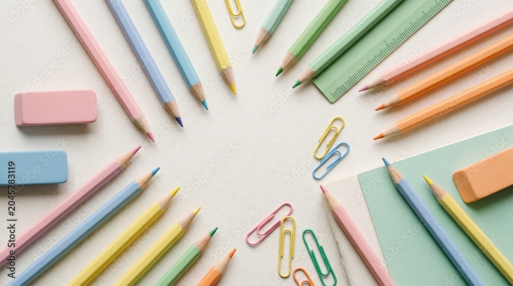 Fototapeta premium Pastel Stationery Flat Lay for Creative Planning and Back to School Projects with Colorful Pencils and Erasers