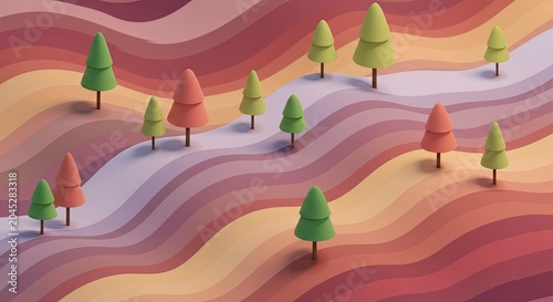Stylized Minimalist Trees on Wavy Gradient Landscape