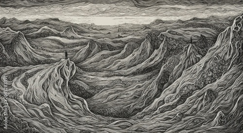 Surreal Landscape with Solitary Figure Overlooking Abstract Terrain