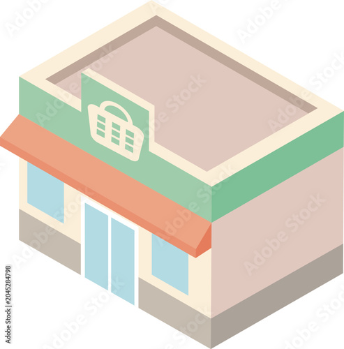 Isometric illustration of a supermarket or grocery store building exterior.