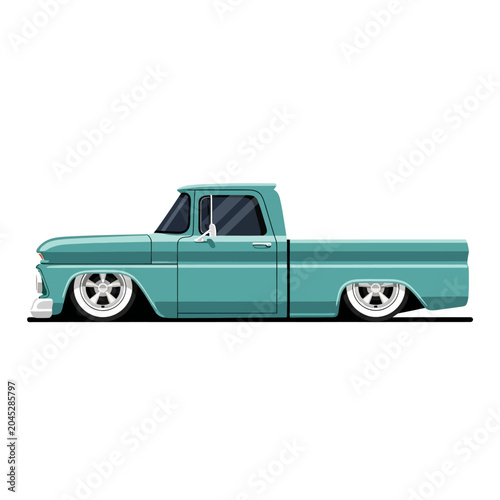 Classic turquoise pickup truck illustration, low rider, side view