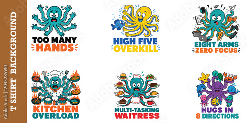 Schilderij op canvas Funny octopus characters set with multiple arms and multitasking chaos in daily life tasks