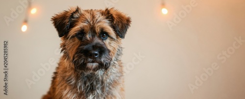 Griffon puppy sits looking into camera. Warm light bulbs glow behind fluffy dog. Wide banner format good for any pet related content. Copy space.