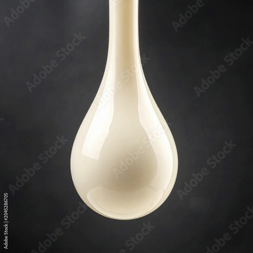 Creamy white liquid drop isolated on a dark background, smooth texture, glossy surface reflection, cosmetic serum, milk, food sauce, pouring flow