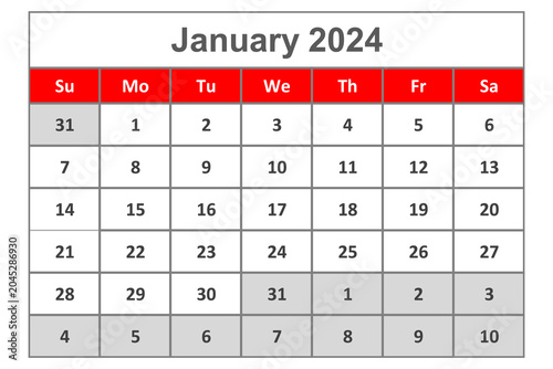 January 2024 Calendar Layout With Weekdays, Dates and Monthly Planner Grid for Scheduling